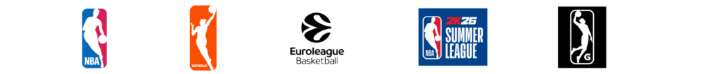 logos for major league sports teams: NBA, WNBA, Euroleague, NBA summer league, G-League